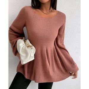 Round neck Bishop Sleeve Ruffle Hem Sweater
